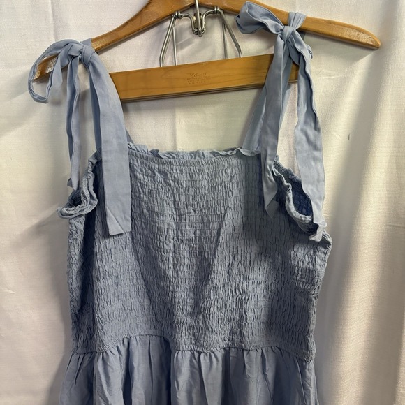 Women's Blue Nap Dress XXL Smocked Elastic‎ Top Shoulder Ties Viscose - Picture 4 of 7